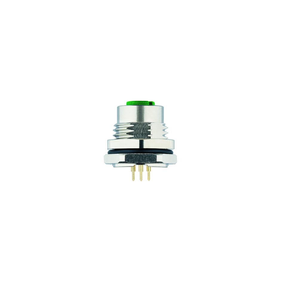 Receptacle, M12, female, straight, 4 poles, D-coded, back wall-mounting, print contact, stainless steel, Industrial Ethernet