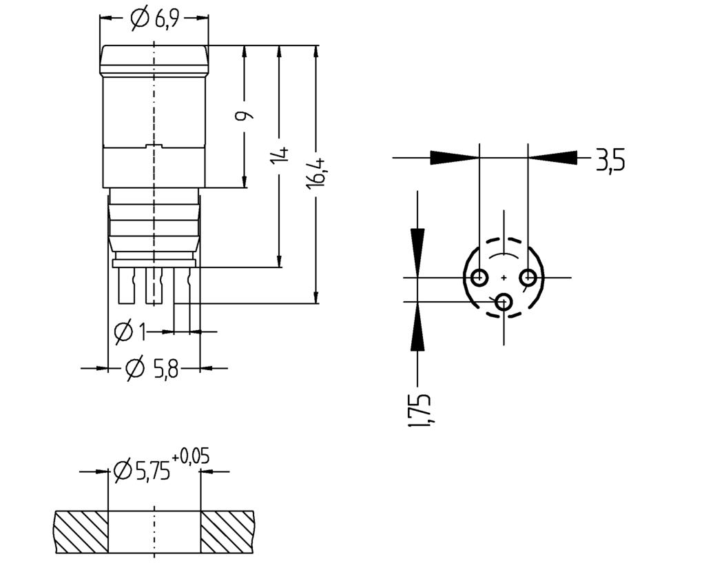 Einbaustecker, Ø8mm snap, Stecker, gerade, 3-polig, Lötanschluss