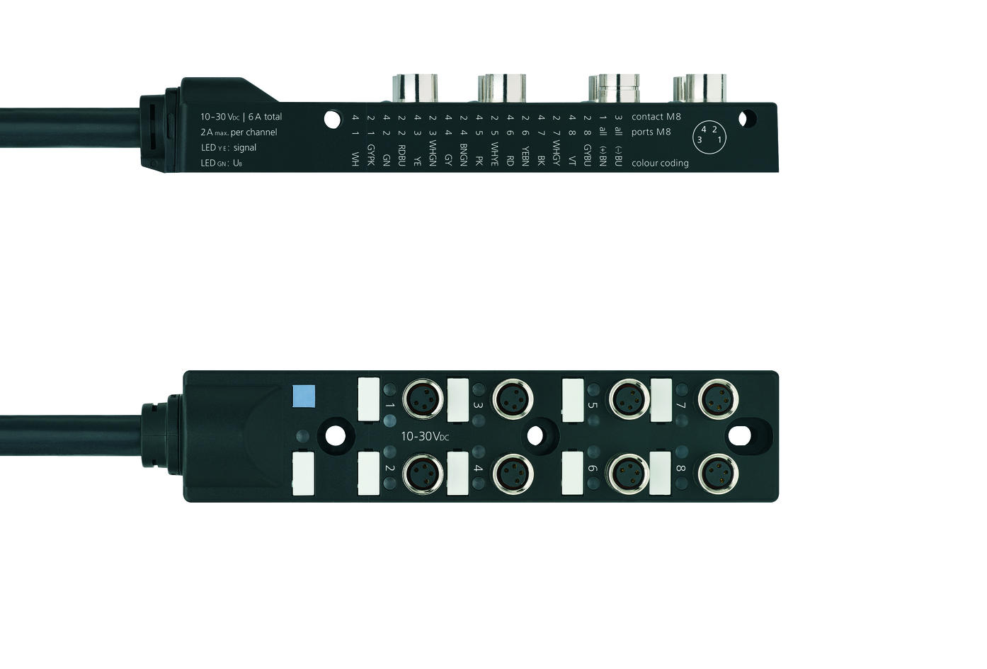 I/O-junctions passive, 8 ports, fixed cable connection, M8, female, 4 poles