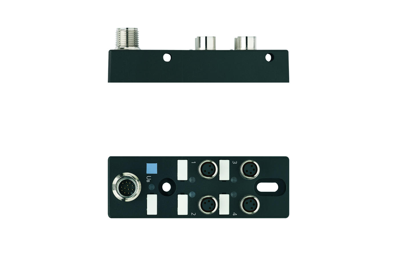 I/O-junctions passive, 4 ports, top contact, M8, female, 4 poles, M12, male, 12 poles