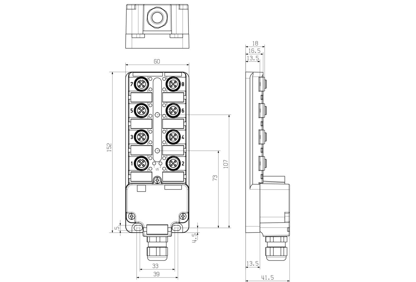 I/O-分线盒, 8 ports, 前端连接, M12, 母头, 5针脚