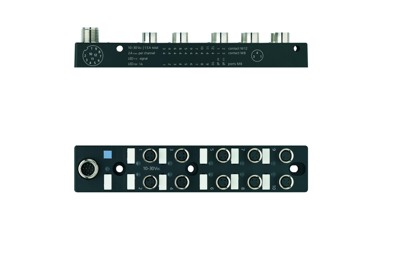 I/O-junctions passive, 10 ports, top contact, M8, female, 3 poles, M12, male, 12 poles