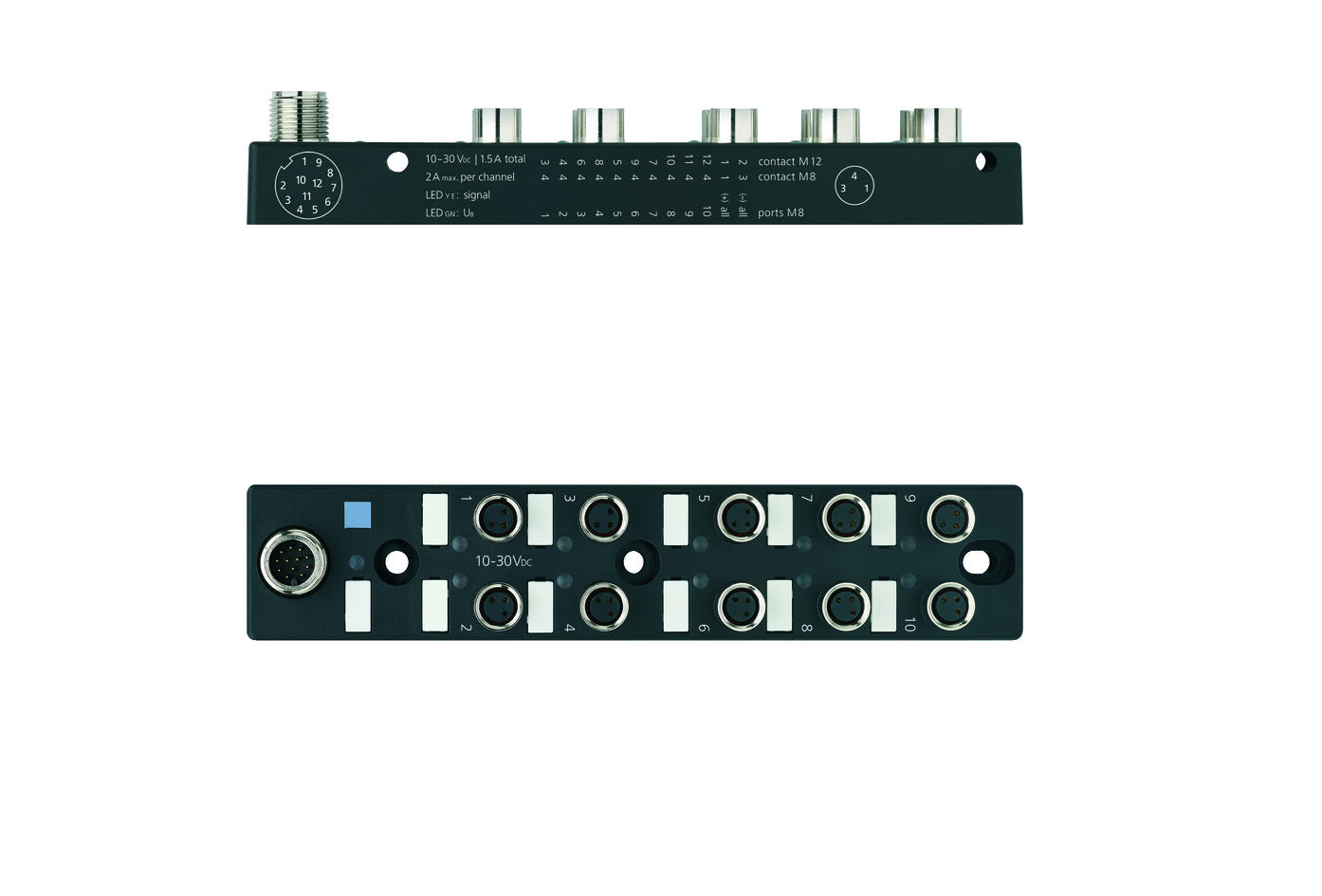 I/O-Modul passiv, 10 Ports, Topanschluss, M8, Buchse, 3-polig, M12, Stecker, 12-polig