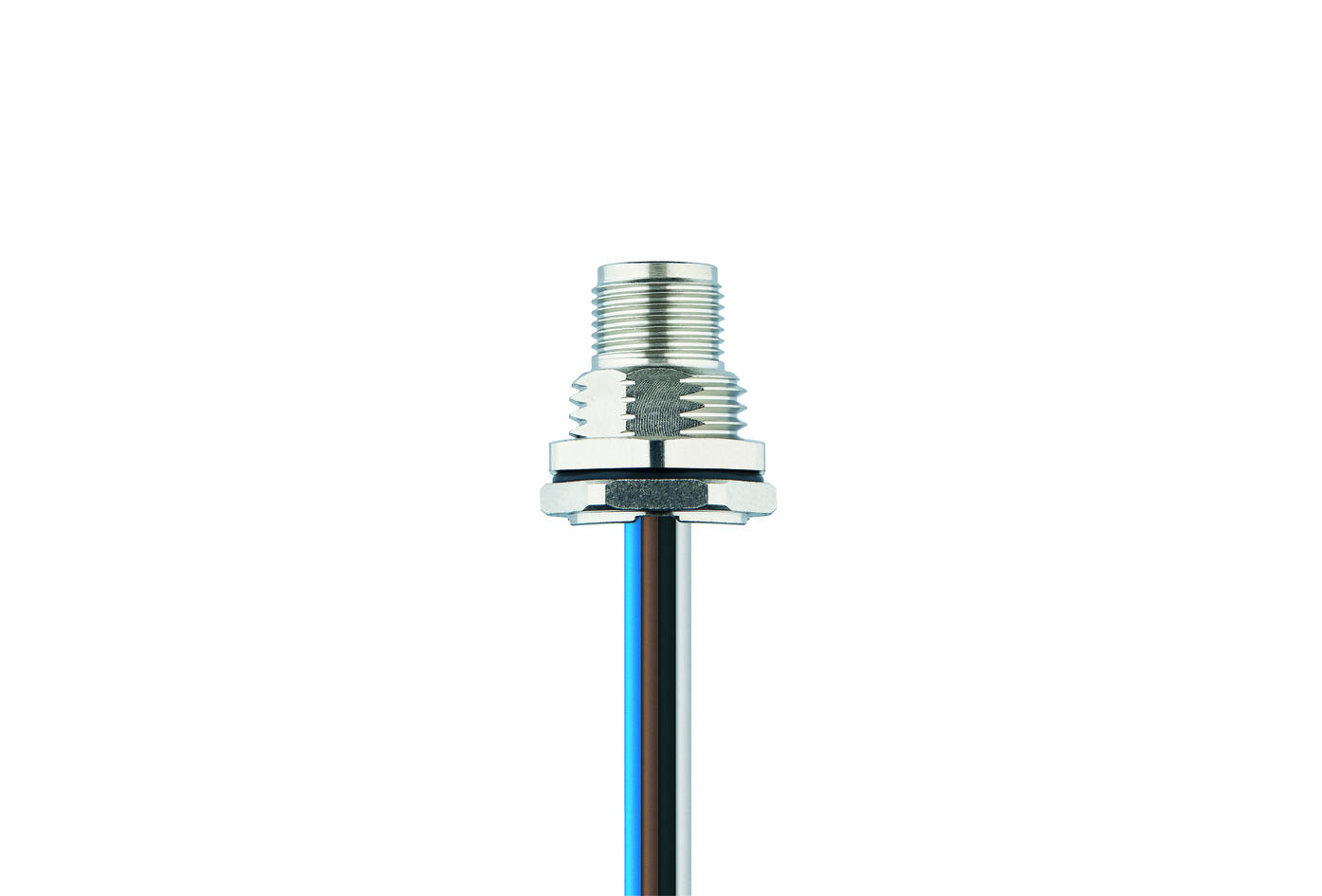 Flansch, M12, Stecker, gerade, 8-polig, Hinterwandmontage, Litzenanschluss, Edelstahl