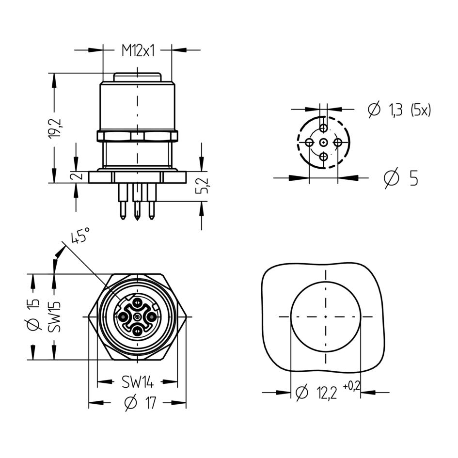 Receptacle, M12, female, straight, 4 poles, D-coded, back wall-mounting, print contact, Industrial Ethernet