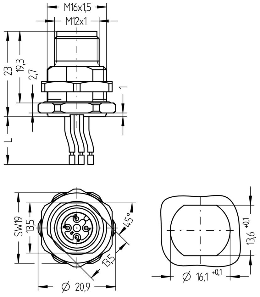 Flansch, M12, Stecker, gerade, 5-polig, Hinterwandmontage, Litzenanschluss, CANopen/DeviceNet