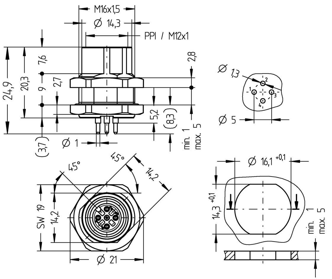 Receptacle, M12, Push-Pull inner locking, female, straight, 4+PE, back wall-mounting, print contact