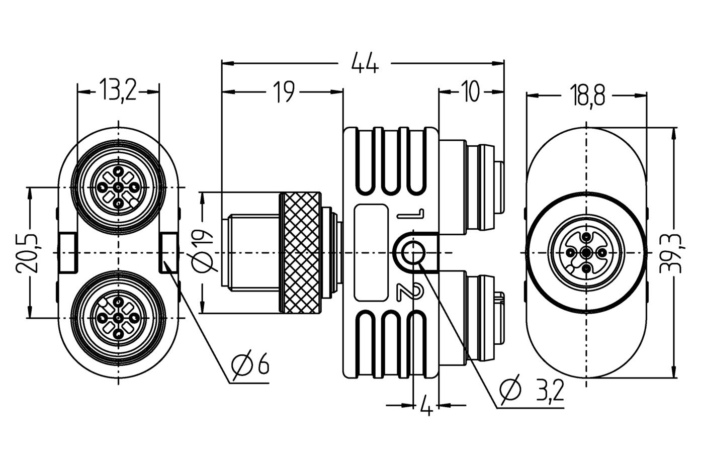 Y-Verteiler, M12, Stecker, gerade, 5-polig, M12, Buchse, gerade, 5-polig, M12, Buchse, gerade, 5-polig, mit LED