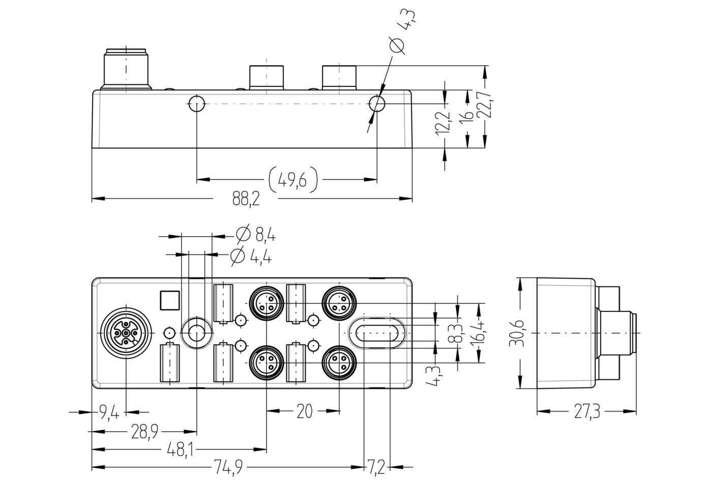 I/O-junctions passive, 4 ports, top contact, M8, female, 3 poles, M12, male, 5 poles