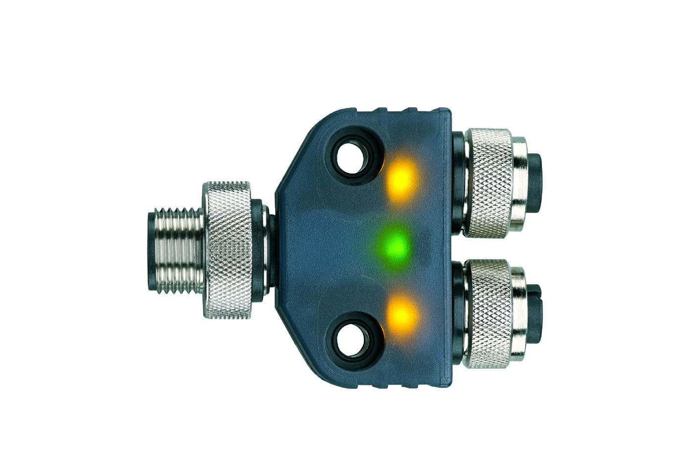 Y-splitter, M12, male, straight, 4 poles, M12, female, straight, 3 poles, M12, female, straight, 3 poles, with LED