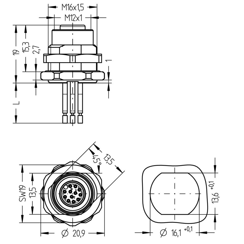 Receptacle, M12, female, straight, 12 poles, back wall-mounting, wire contact