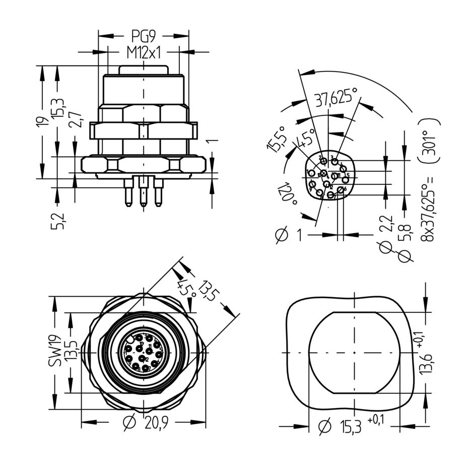 Receptacle, M12, female, straight, 12 poles, back wall-mounting, print contact