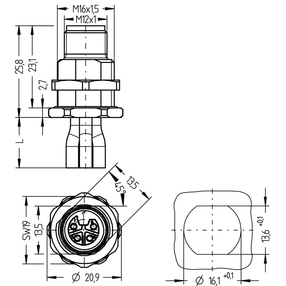 Receptacle, M12, male, straight, 4 poles, L-coded, back wall-mounting, wire contact, POWER