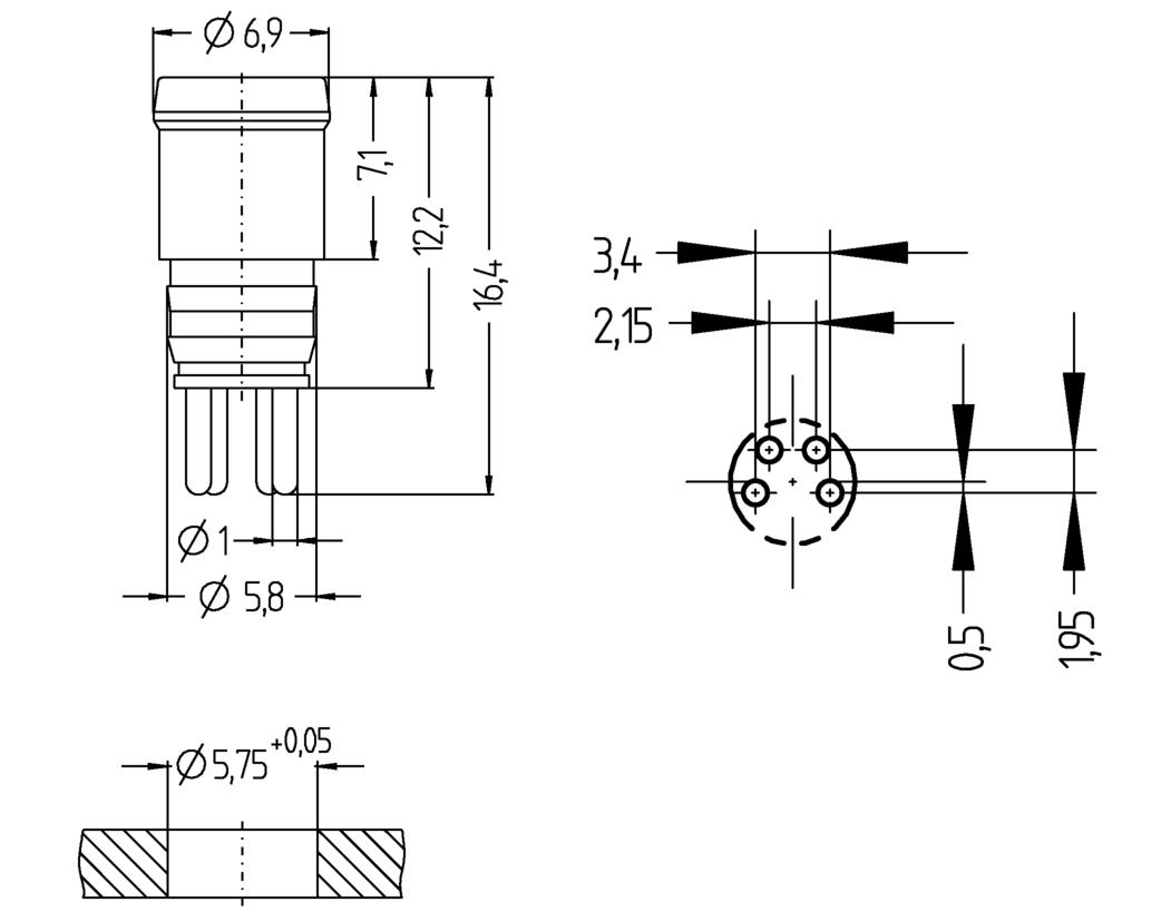 Panel connector, Ø8mm snap, male, straight, 4 poles, print contact