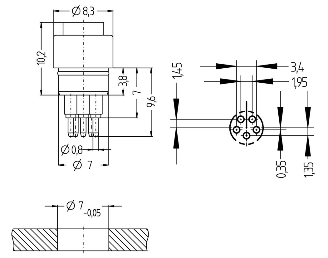 Einbaustecker, Ø8mm snap, Buchse, gerade, 5-polig, Printanschluss