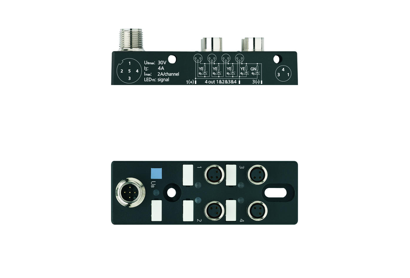 I/O-junctions passive, 4 ports, top contact, M8, female, 3 poles, M12, male, 5 poles
