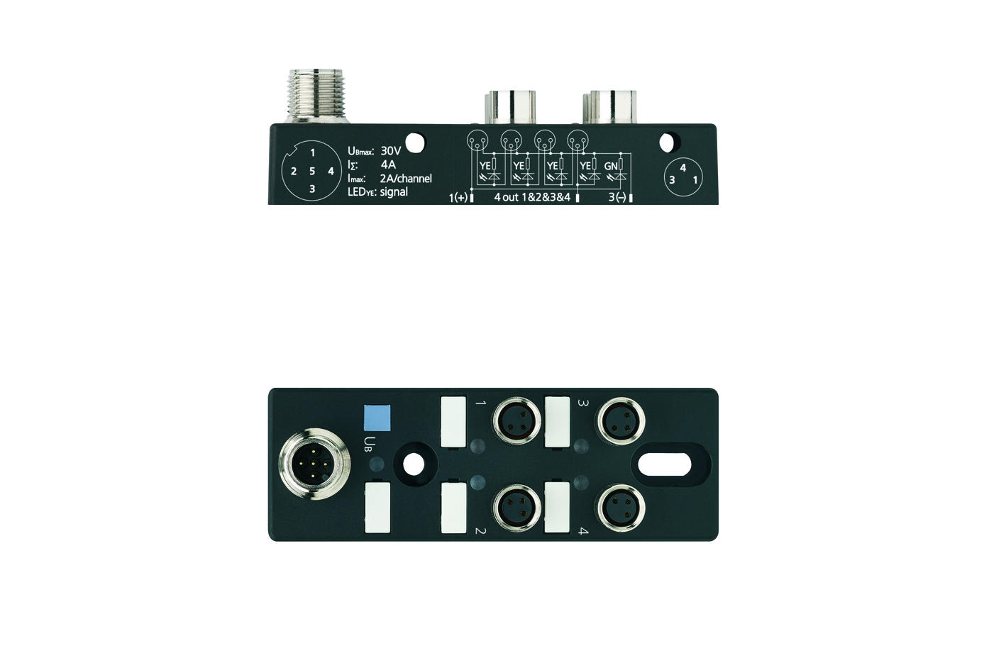 I/O-Modul passiv, 4 Ports, Topanschluss, M8, Buchse, 3-polig, M12, Stecker, 5-polig