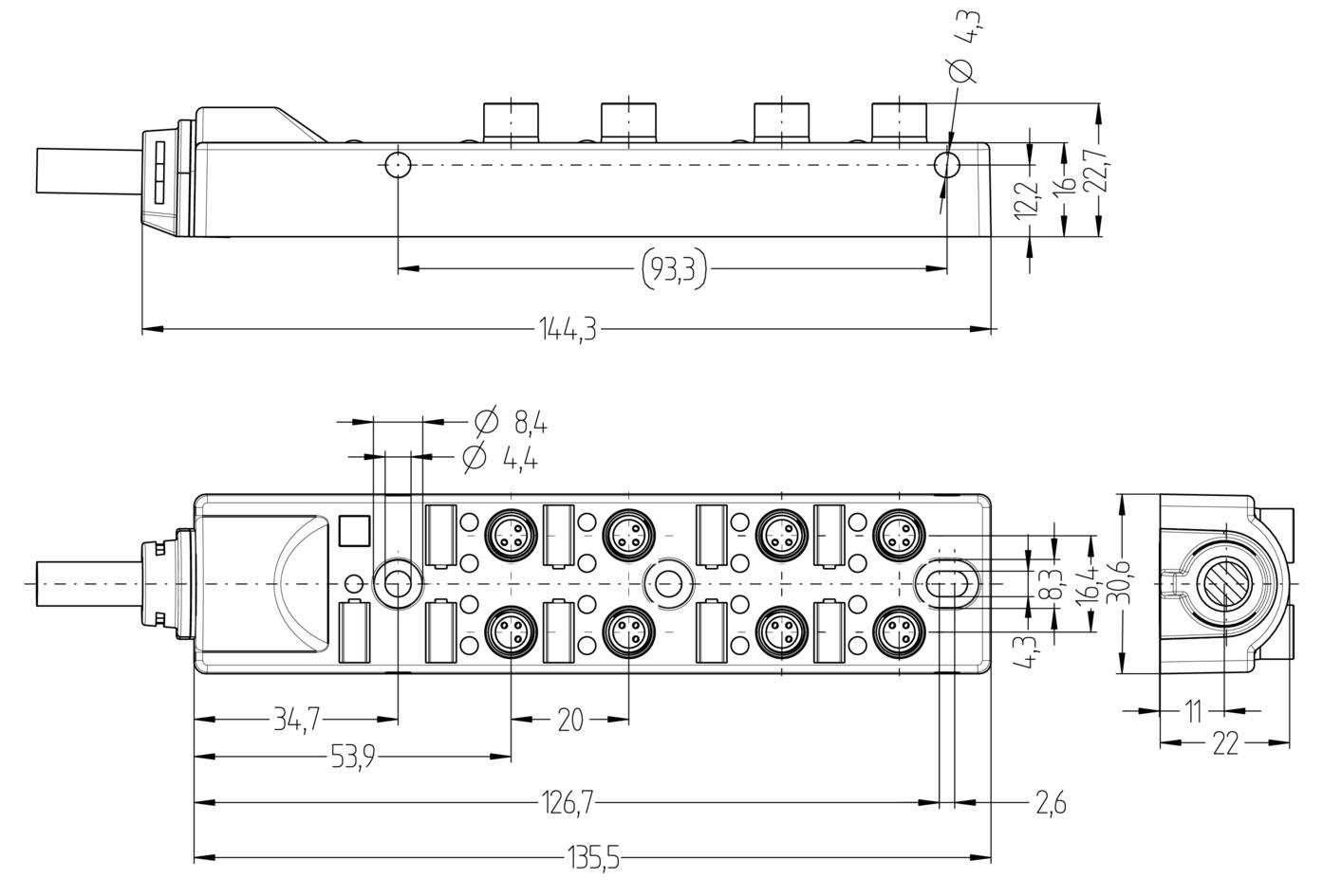 I/O-Modul passiv, 8 Ports, Festkabelanschluss, M8, Buchse, 3-polig