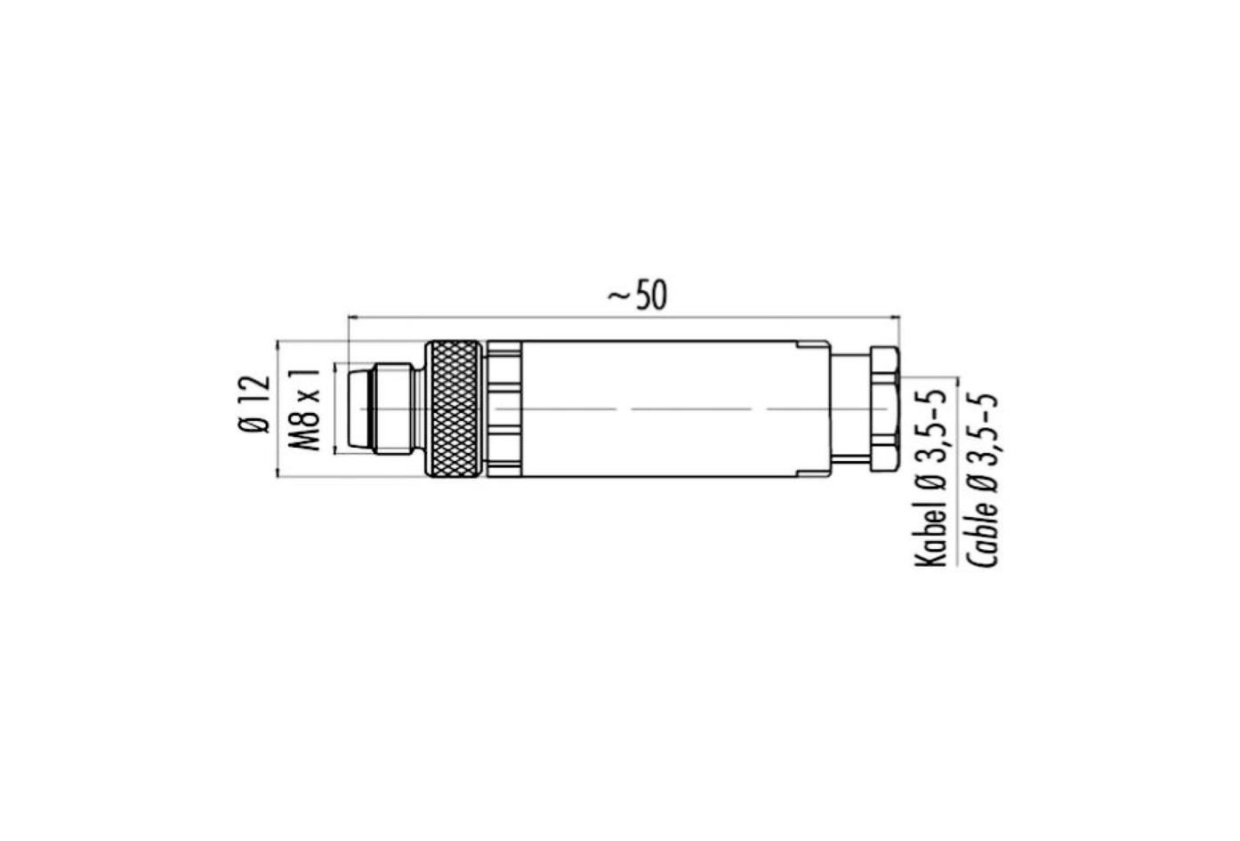 Field-wireable, M8, male, straight, 3 poles, screw-/clamp contact, 60V 4A