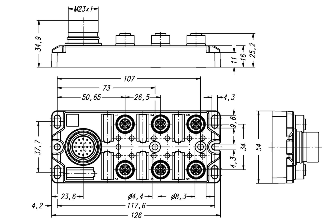 I/O-分线盒 被动, 6 ports, 顶端 连接, M12, 母头, 3+PE, M23, 公头, 12针脚