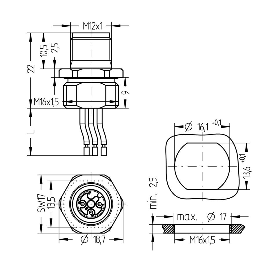 Flansch, M12, Stecker, gerade, 4+PE, Vorderwandmontage, Litzenanschluss