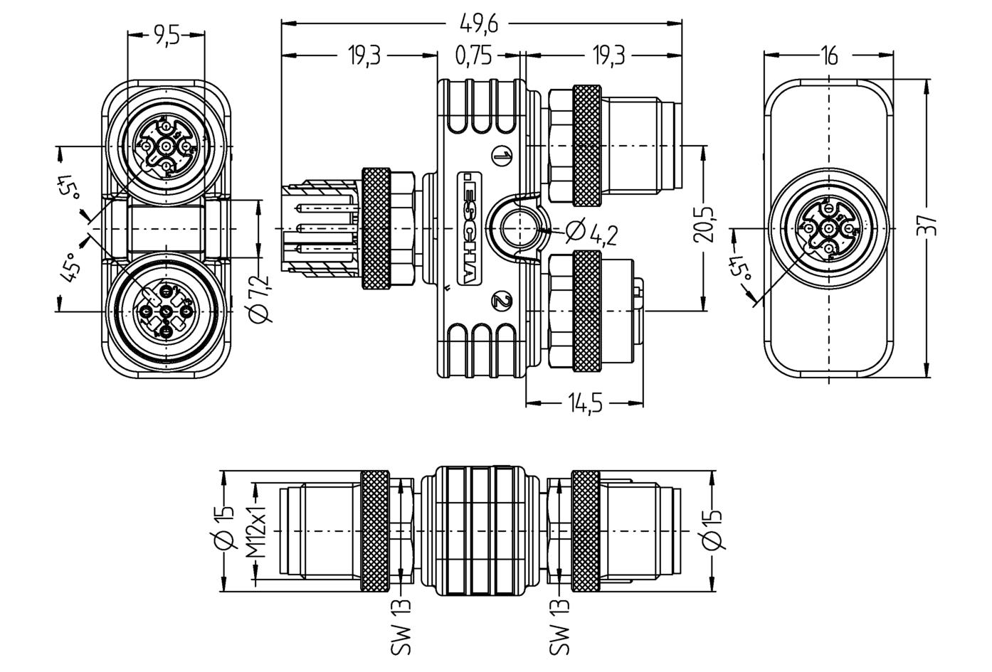 Y-splitter, M12, male, straight, 5 poles, B-coded, M12, male, straight, 5 poles, B-coded, M12, female, straight, 5 poles, B-coded, shielded, Profibus