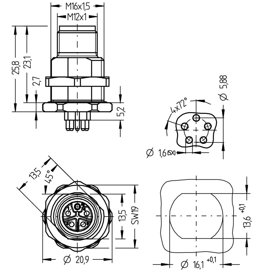 Flansch, M12, Stecker, gerade, 4+FE, L-codiert, Hinterwandmontage, Printanschluss, POWER