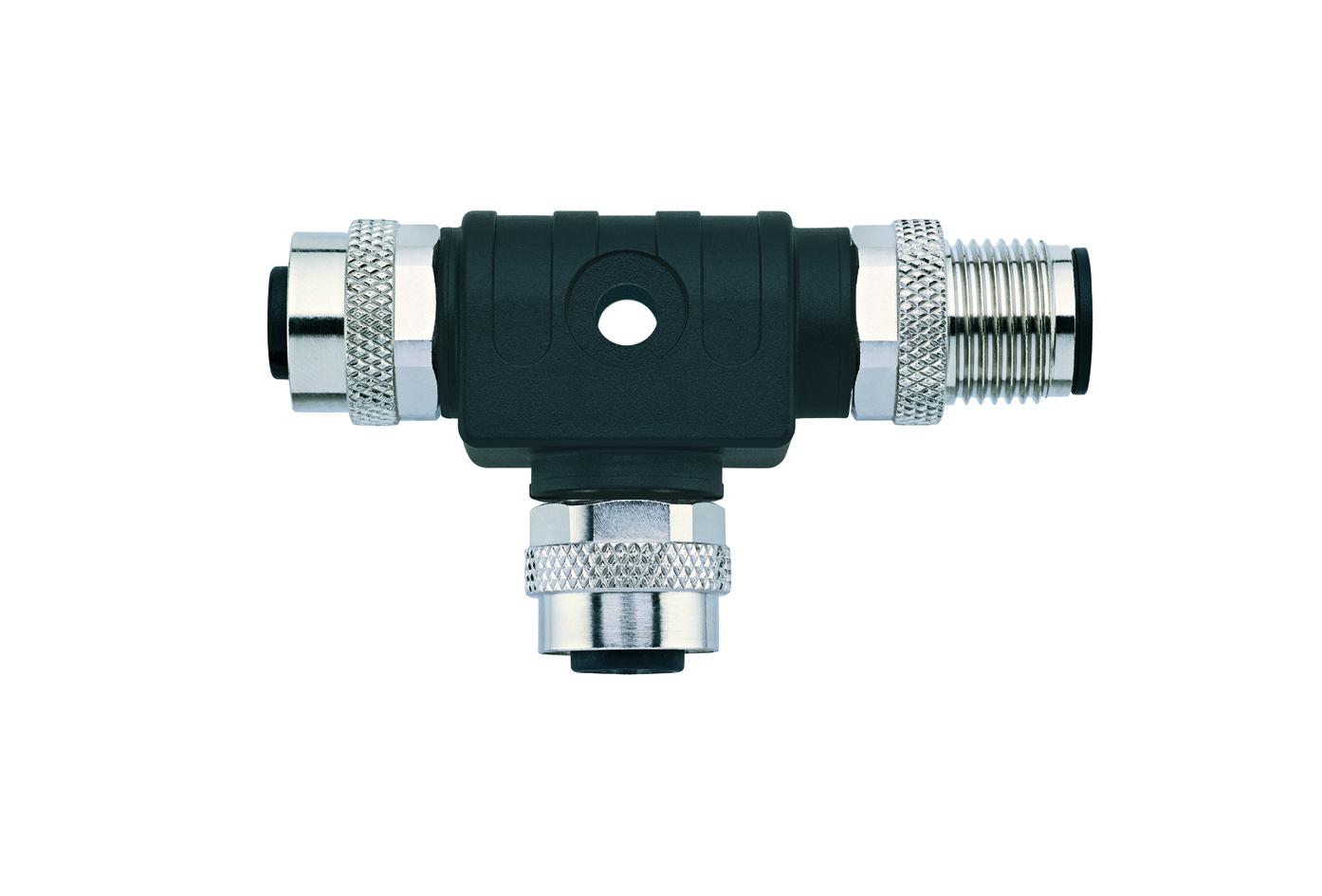 T-splitter, M12, female, straight, 5 poles, M12, female, straight, 5 poles, M12, male, straight, 5 poles
