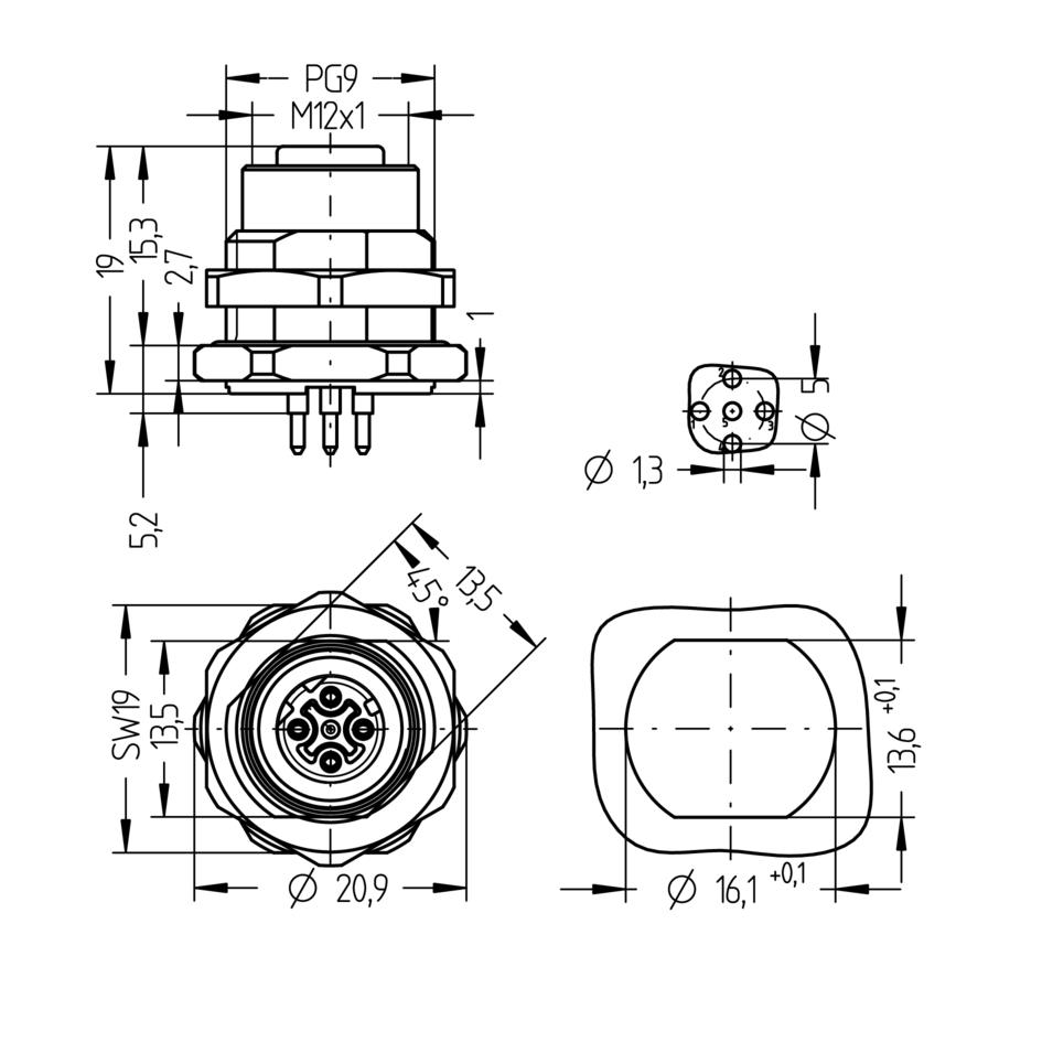 Flansch, M12, Buchse, gerade, 4-polig, D-codiert, Hinterwandmontage, Printanschluss, Industrial Ethernet