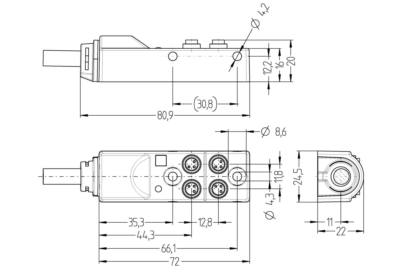 I/O-分线盒 被动, 4 ports, 固定电缆连接, Ø8mm 快插, 母头, 4针脚