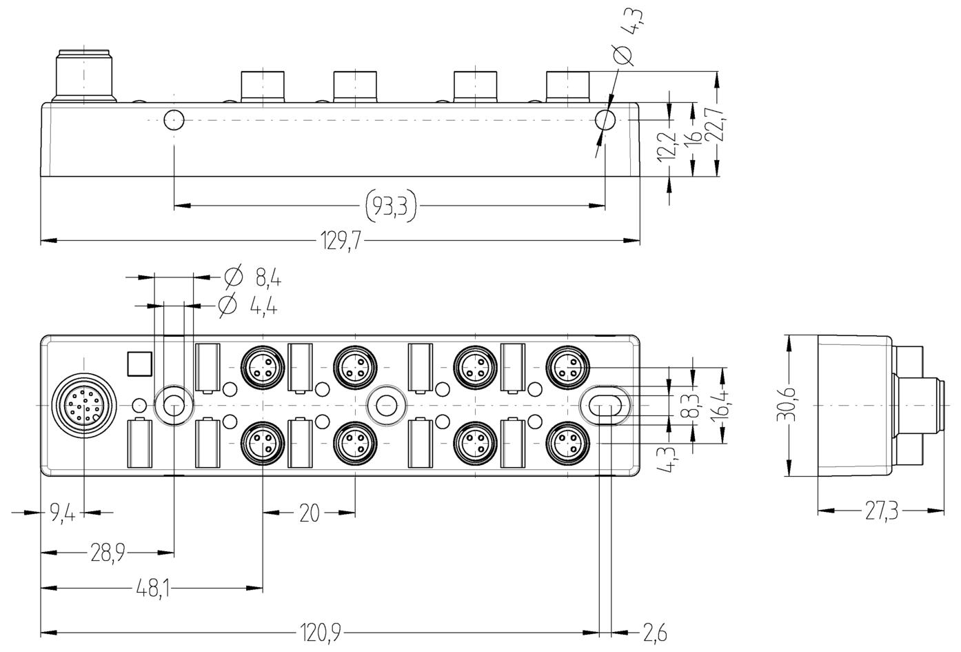 I/O-Modul passiv, 8 Ports, Topanschluss, M8, Buchse, 3-polig, M12, Stecker, 12-polig