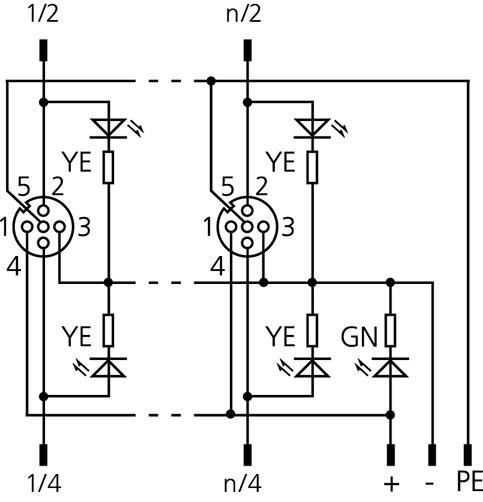 I/O-junctions passive, 4 ports, fixed cable connection, M12, female, 4+PE