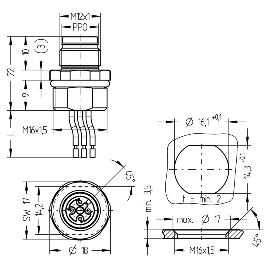 法兰, M12, Push-Pull outer locking, 公头, 直型, 4针脚, 前面板安装, 线芯连接