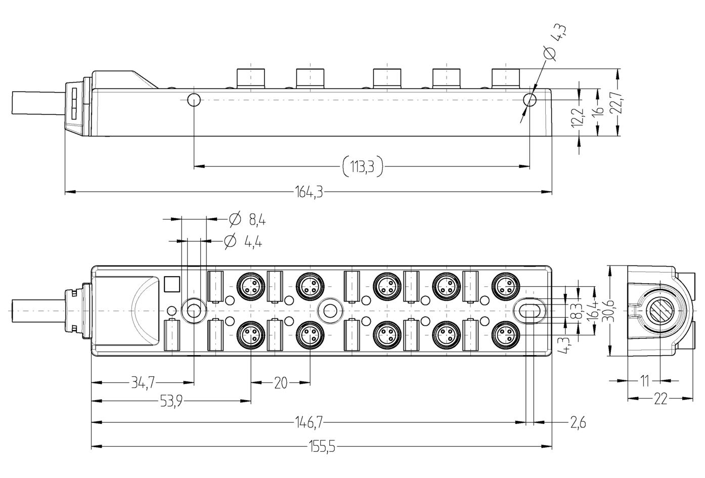 I/O-Modul passiv, 10 Ports, Festkabelanschluss, M8, Buchse, 3-polig