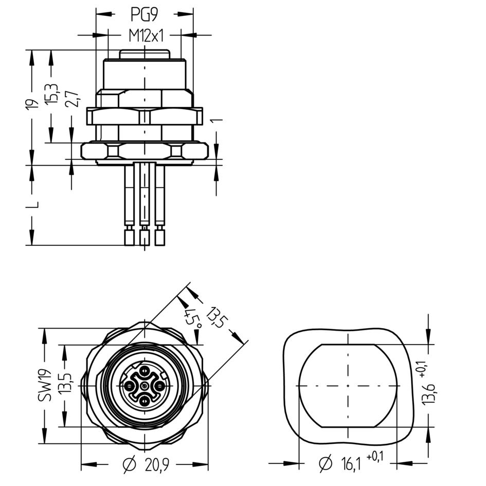 Receptacle, M12, female, straight, 4 poles, D-coded, back wall-mounting, wire contact, Industrial Ethernet