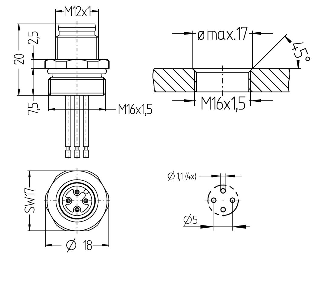 Receptacle, M12, male, straight, 4+PE, front wall-mounting, wire contact