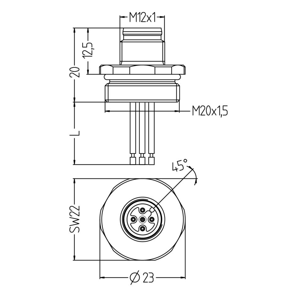 Receptacle, M12, male, straight, 4+PE, front wall-mounting, wire contact