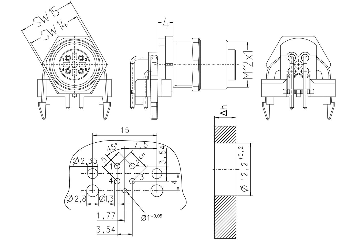 Receptacle, M12, female, angled, 4 poles, back wall-mounting, print contact