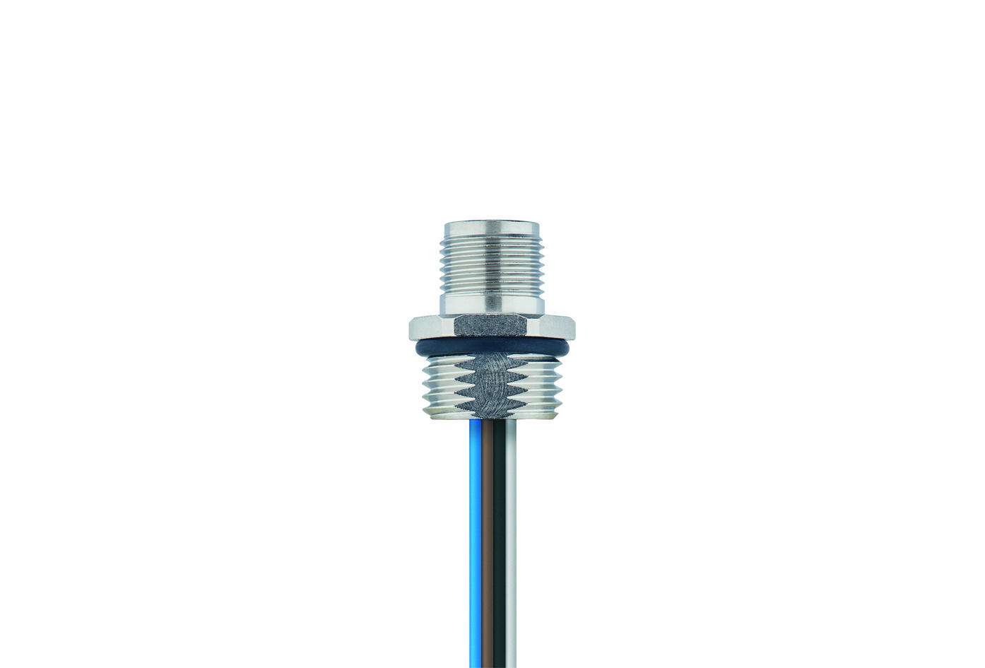 Flansch, M12, Stecker, gerade, 4+PE, Vorderwandmontage, Litzenanschluss