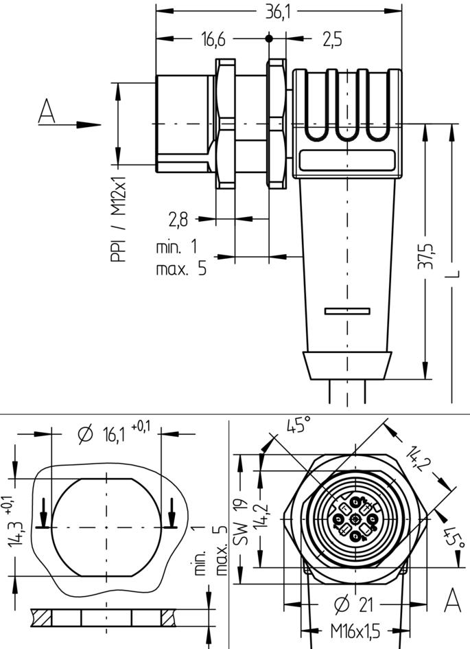 法兰 连接电缆, M12, Push-Pull inner locking, 母头, 弯型, 4针脚, D-编码, 后面板安装, 屏蔽, 工业以太网