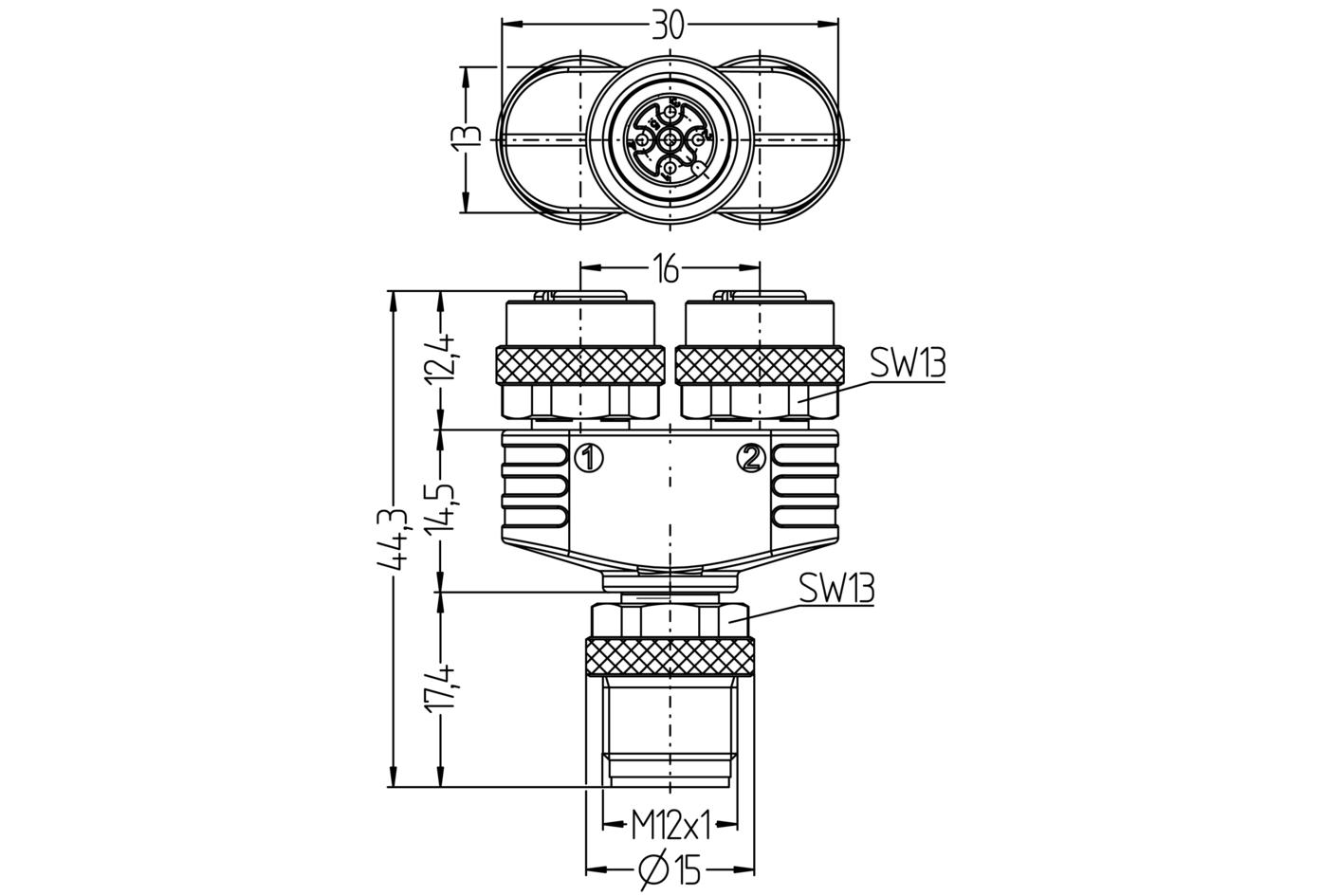 Y型分离器, M12, 公头, 直型, 5针脚, M12, 母头, 直型, 5针脚, M12, 母头, 直型, 5针脚