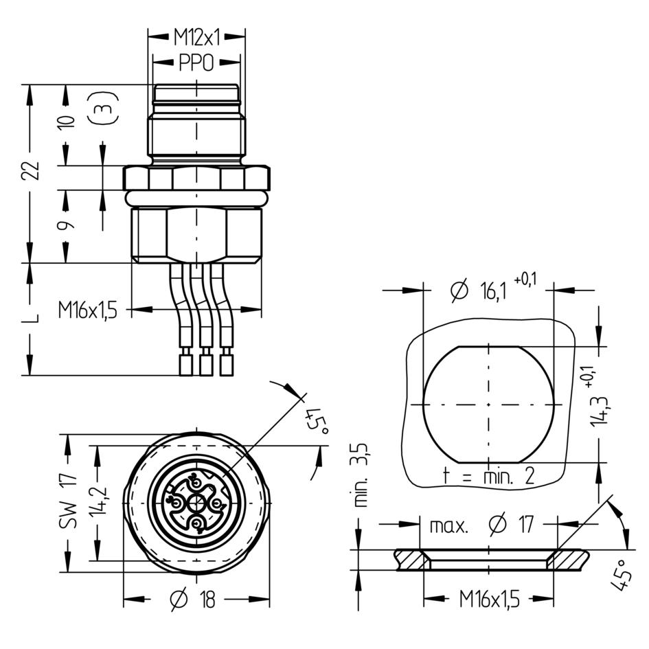 法兰, M12, Push-Pull outer locking, 公头, 直型, 4针脚, D-编码, 前面板安装, 线芯连接, 工业以太网
