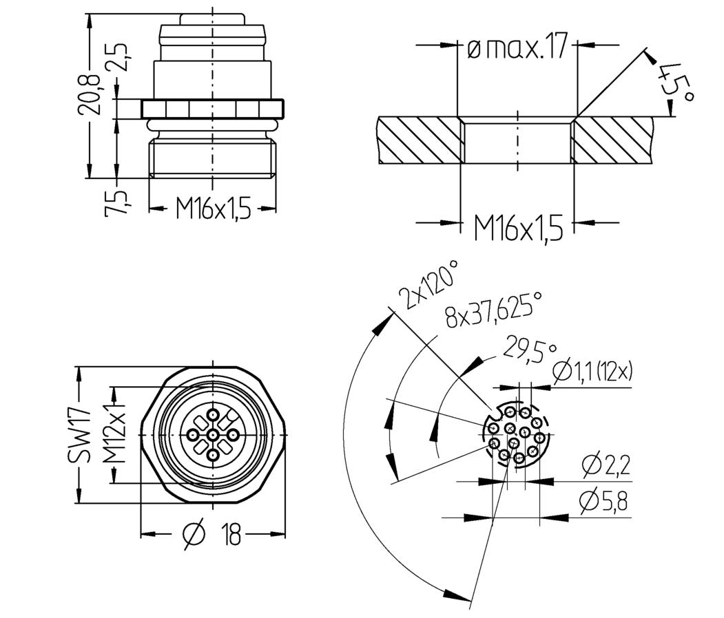 Receptacle, M12, female, straight, 12 poles, front wall-mounting, soldering contact, stainless steel