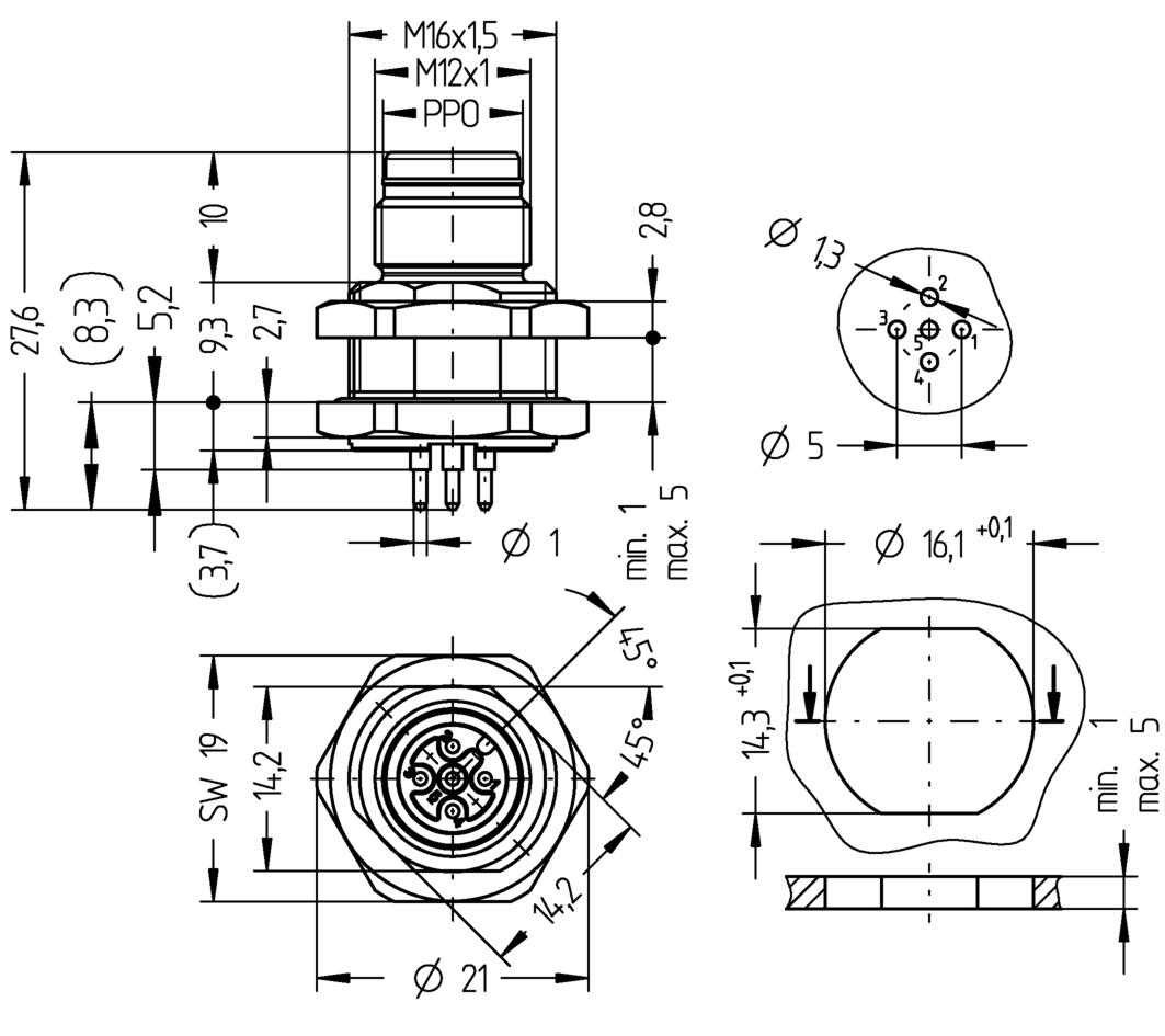 法兰, M12, Push-Pull outer locking, 公头, 直型, 5针脚, 后面板安装, PC板-连接