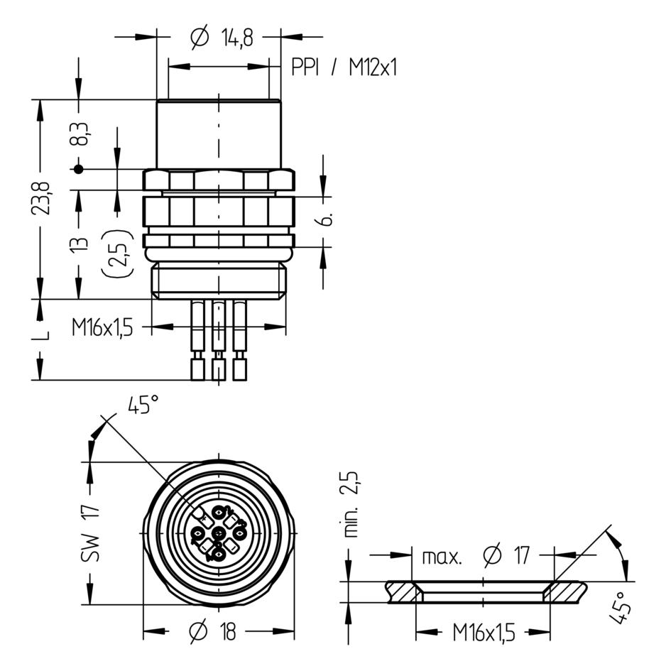Receptacle, M12, Push-Pull inner locking, female, straight, 5 poles, front wall-mounting, wire contact