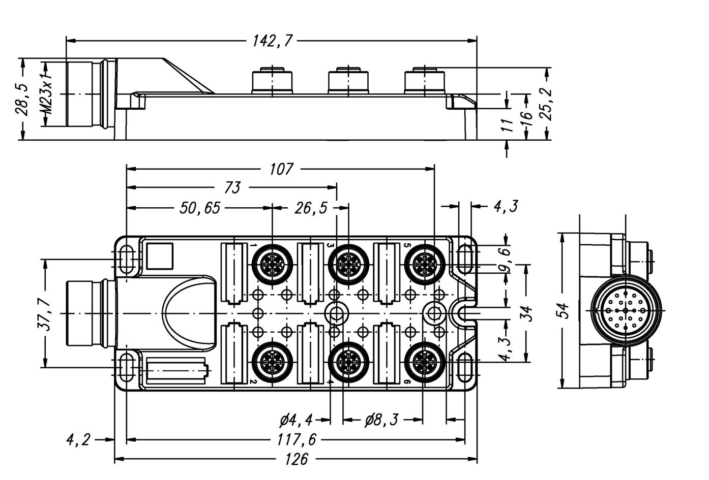 I/O-junctions passive, 6 ports, front contact, M12, female, 4+PE, M23, male, 19 poles