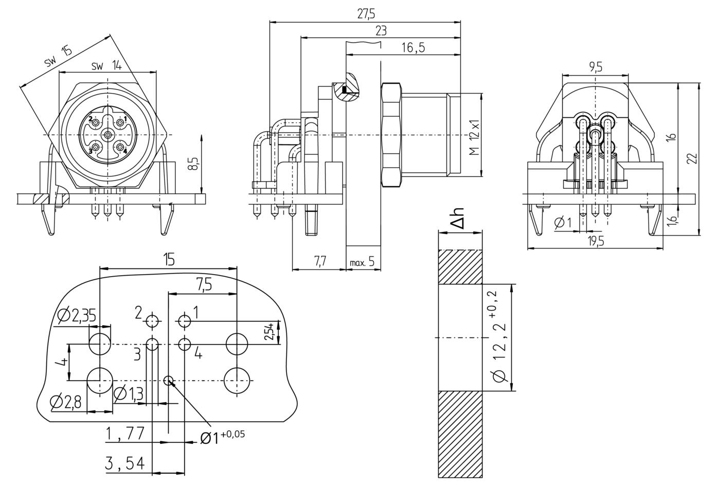 法兰, M12, 公头, 弯型, 5针脚, B-编码, 后面板安装, PC板-连接, 屏蔽, Profibus