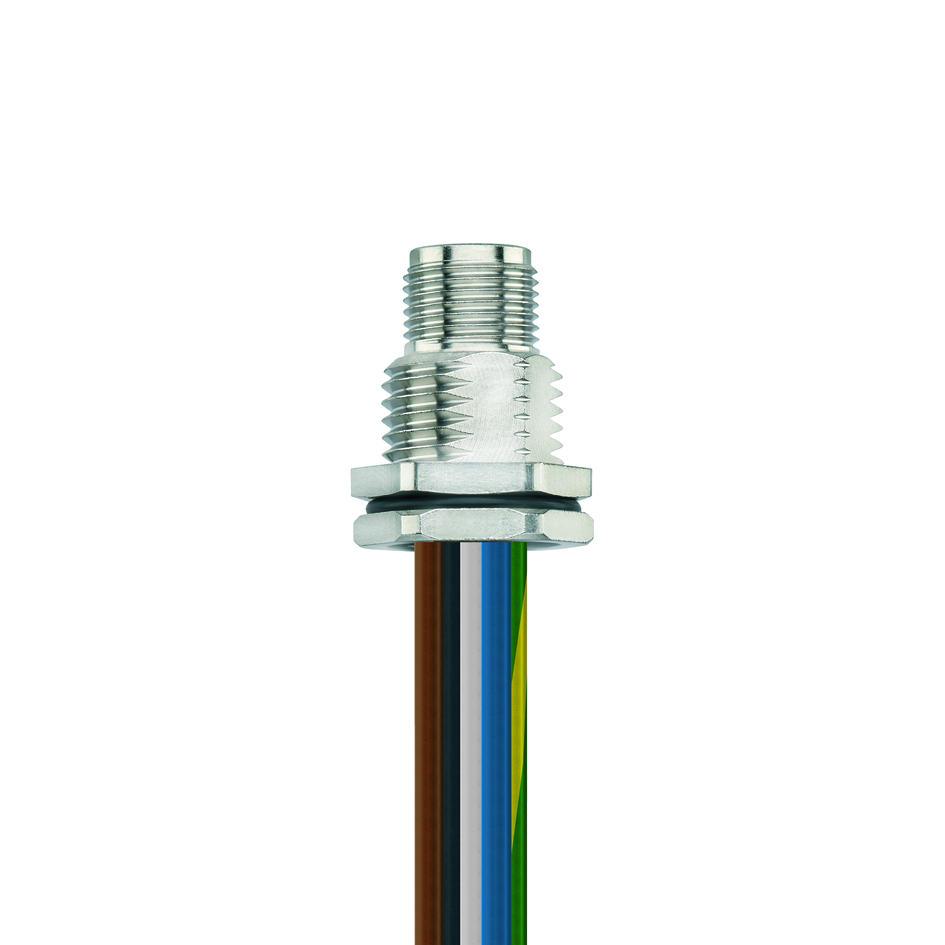 Flansch, M12, Stecker, gerade, 4+PE, K-codiert, Hinterwandmontage, Litzenanschluss, POWER