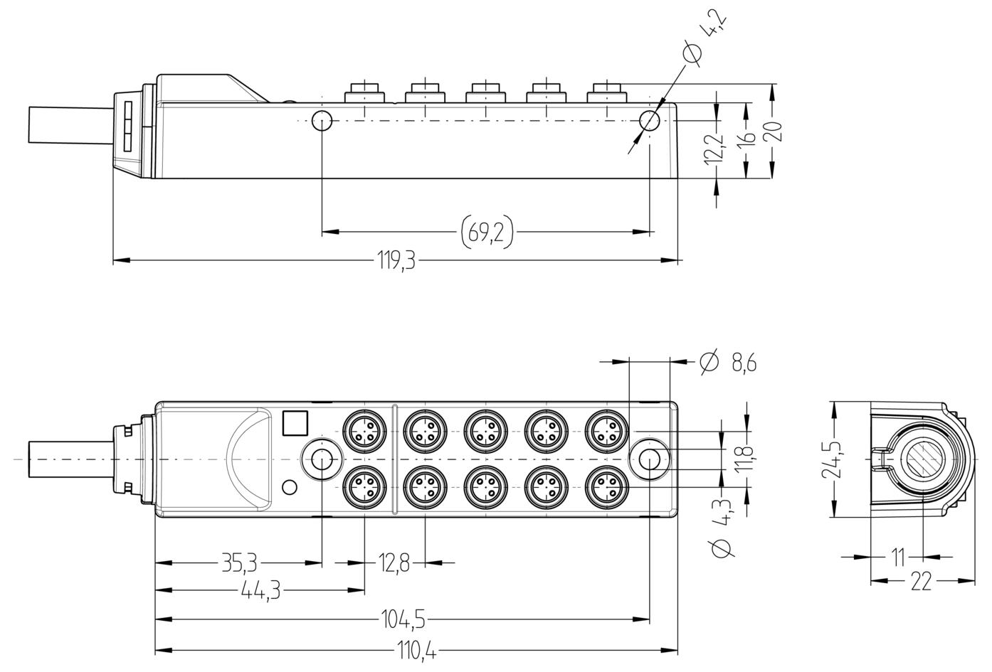 I/O-Modul passiv, 10 Ports, Festkabelanschluss, Ø8mm snap, Buchse, 3-polig