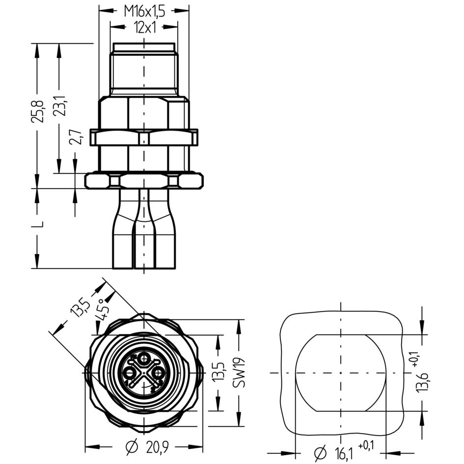 Receptacle, M12, male, straight, 2+PE, S-coded, back wall-mounting, wire contact, POWER